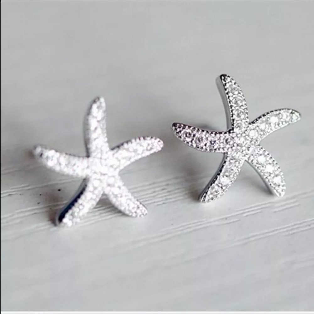 New 925 Silver Cute Starfish Diamond Stud Earrings - Picture 3 of 6
